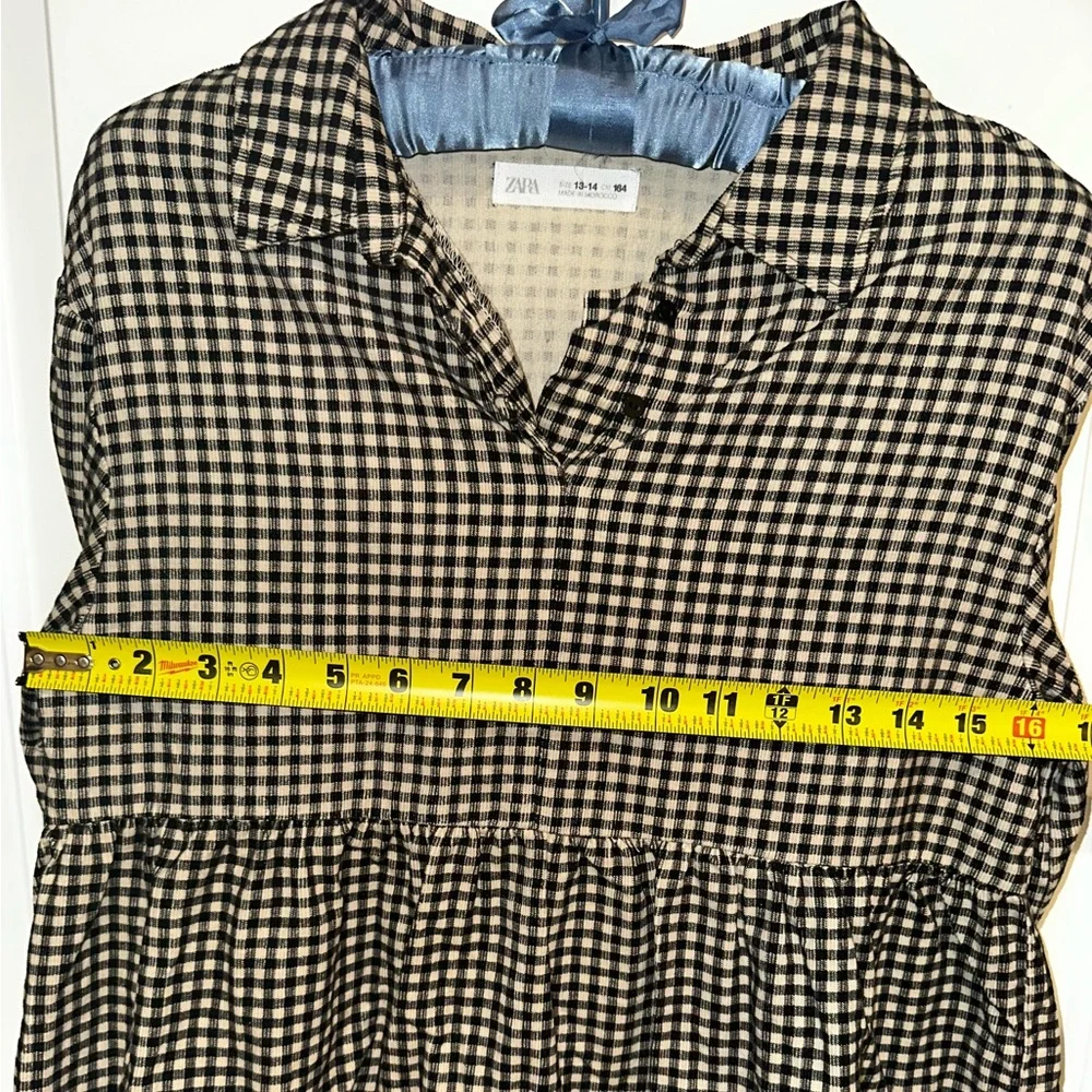 Zara Black Cream Gingham Tiered Babydoll Blouse Women’s 13/14 - Picture 9 of 10